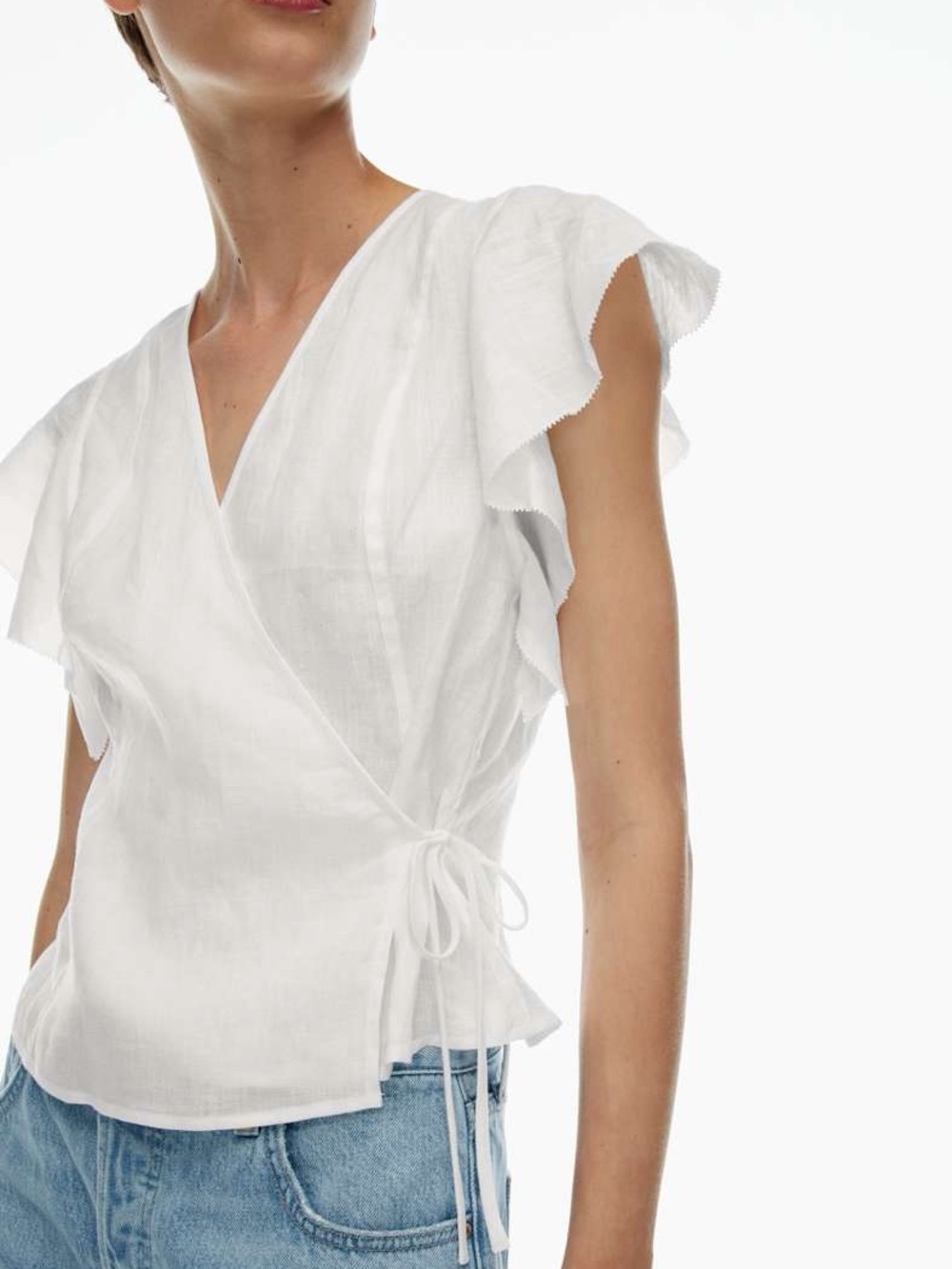 Aritzia Wilfred White Linen Wrap Blouse with Ruffle Sleeves
